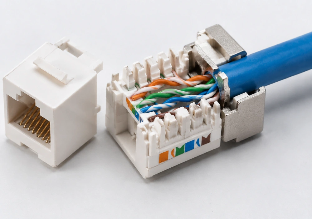 نمای داخلی کیستون RJ 45 با سیم های رنگی کابل شبکه نمای داخلی کیستون RJ 45 با سیم های رنگی کابل شبکه