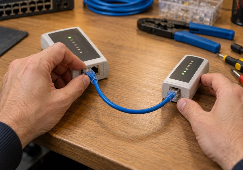 اتصال دو سر کابل RJ45 به دستگاه اصلی و واحد ریموت تستر
