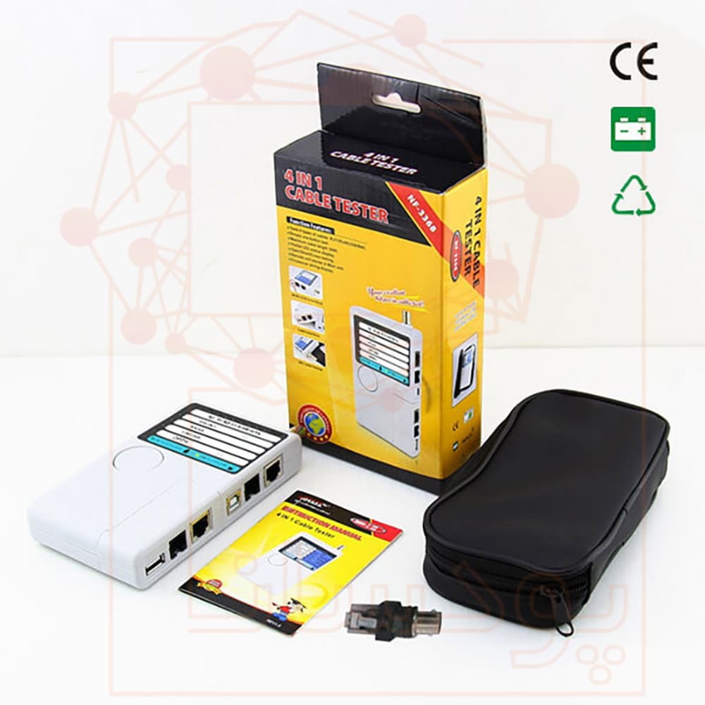تستر کابل شبکه نویافا NF-3468؛ ابزار ۴ کاره اقتصادی برای تست سریع کابلهای RJ45، RJ11، USB و BNC. تشخیص دقیق قطعی و اتصالی کابل تا برد ۱۸۳ متر با یک کلیک.