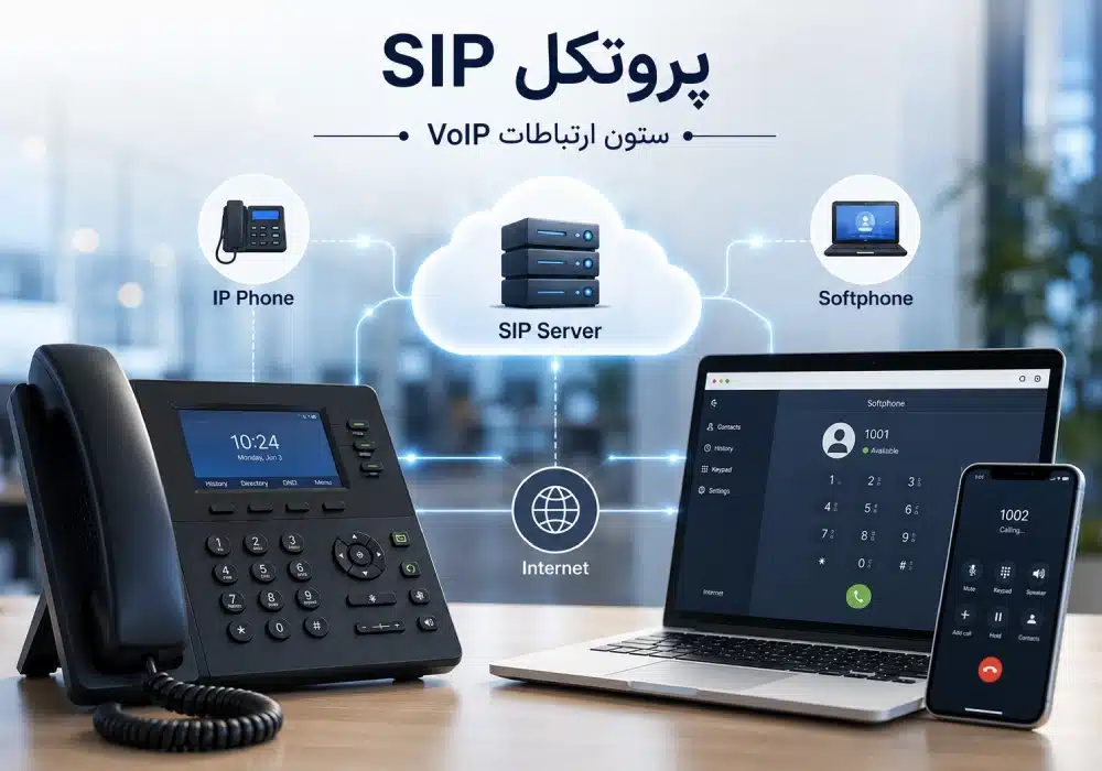 تصویر مفهومی پروتکل SIP و ارتباط VoIP بین تلفن تحت شبکه، سرور و نرم افزار تماس اینترنتی
